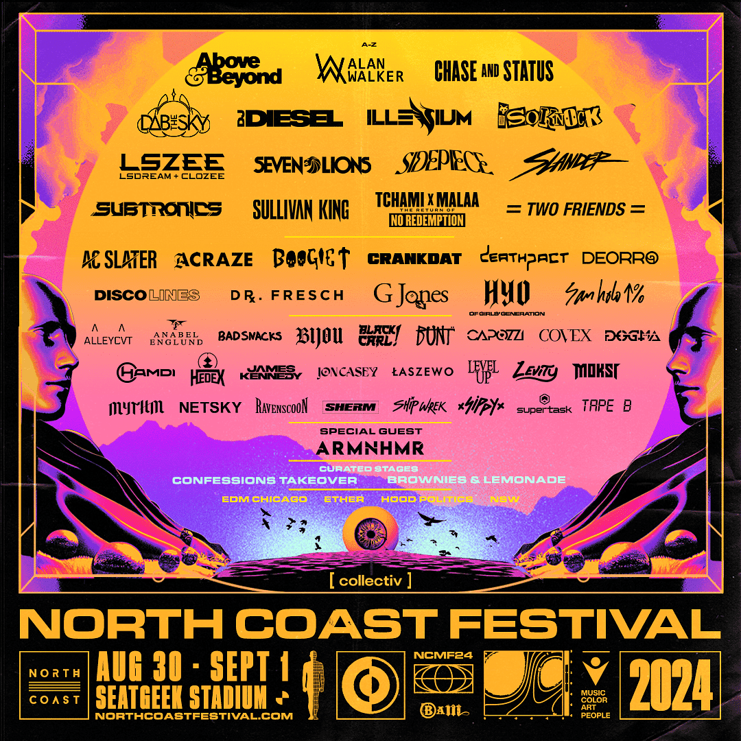 Poster for North Coast Festival 2024 featuring artist lineup; dates August 30 - September 1.